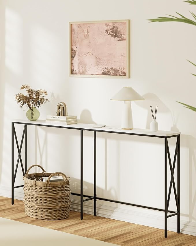Masupu 70.9" Console Table, Modern Narrow Long Sofa Table Behind Couch, Skinny Entry Table, Industrial Sofa Table with Metal Frame for Hallway, Living Room, White and Black