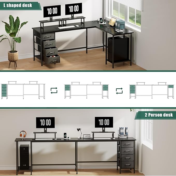 66" L Shaped Computer Desk, 94.4'' Home Office Desk with Power Outlets, 4 Adjustable Storage Drawers & 2 Monitor Stands, Large Two Person Gaming Table for Writing Study, Black