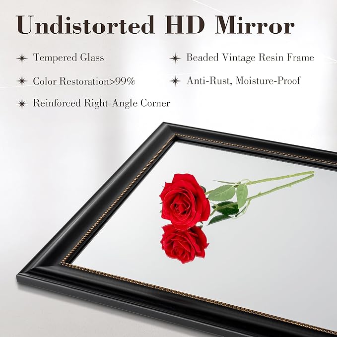 Axeman 28x36 Rectangular Wall Mirror, Decorative Bathroom Mirror, Traditional Vintage Wall Mounted Mirror with Beaded Frame for Accent Living Room Vanity Bedroom Entryway, Black