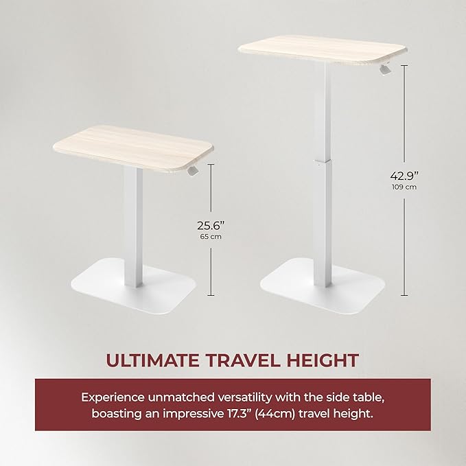 ERGOHOME™ ELEVANCE TABLE™ Height Adjustable Side Table for Couch or Bed, Laptop Table - Small End Table Office Coffee Table - C-Shaped Sofa Side Table with Multi-Function (White Base & Washed Oak Top)