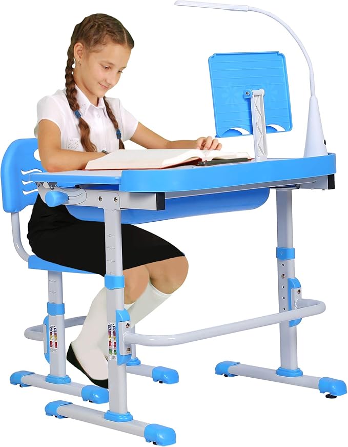 Kids Desk and Chair Set, Height Adjustable Child's School Study Writing Tables with Tilt Desktop, LED Light, Storage Drawer, Book Stand (Blue)