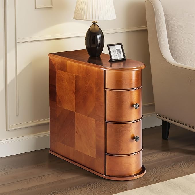 Sweetcrispy Side End Table with 2 Drawers, Tall Nightstand Vintage Bedside Tables No Assembly Night Stand with Curved Edge Storage Space Wood Sofa Slim Organizer for Living Room, Bedroom, Brown