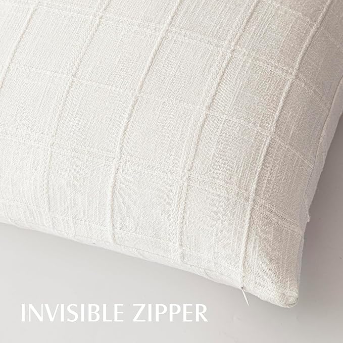 Foindtower Set of 2 Decorative Linen Check Throw Pillow Covers Neutral Farmhouse Vintage Cushion Covers Modern Boho Home Decor for Sofa Chair Couch Bedroom Living Room Outdoor,26×26 Inch,Cream White