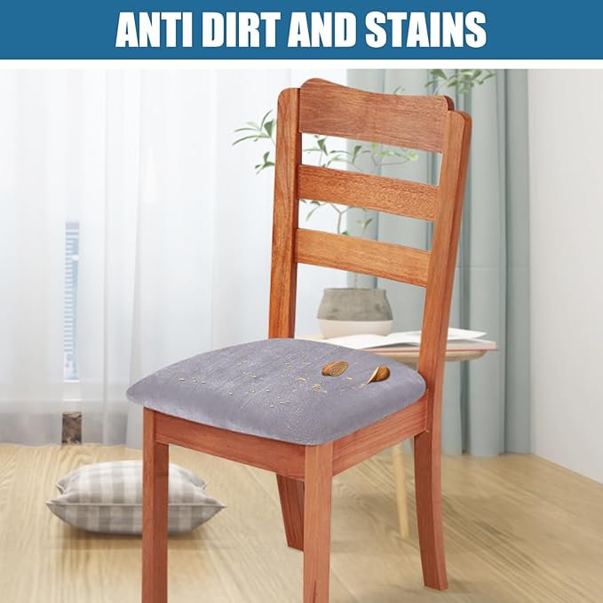 Smiry Velvet Seat Covers for Dining Room Chair Set of 4, Stretch Fit Removable Washable Chair Seat Cushion Protector Slipcovers with Ties, Light Grey