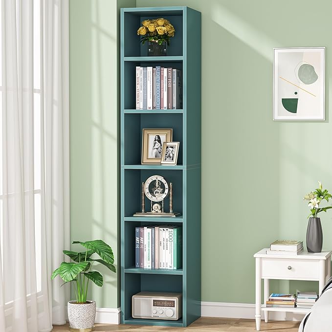 LITTLE TREE 70.9 Inch Tall Narrow Bookcase, Corner Bookshelf 6 Tier Cube Display Shelf Storage Organizer for Small Space, Blue