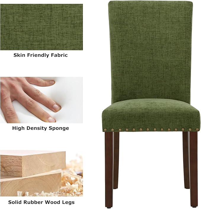 COLAMY Upholstered Parsons Dining Chairs Set of 2, Fabric Dining Room Kitchen Side Chair with Nailhead Trim and Wood Legs - Green