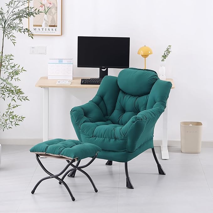 Lazy Chair with Ottoman, Modern Accent Chair Contemporary Lounge Leisure Sofa Chair with Armrests, Reading Chair and Folding Footstool Set for Living Room, Bedroom, Office