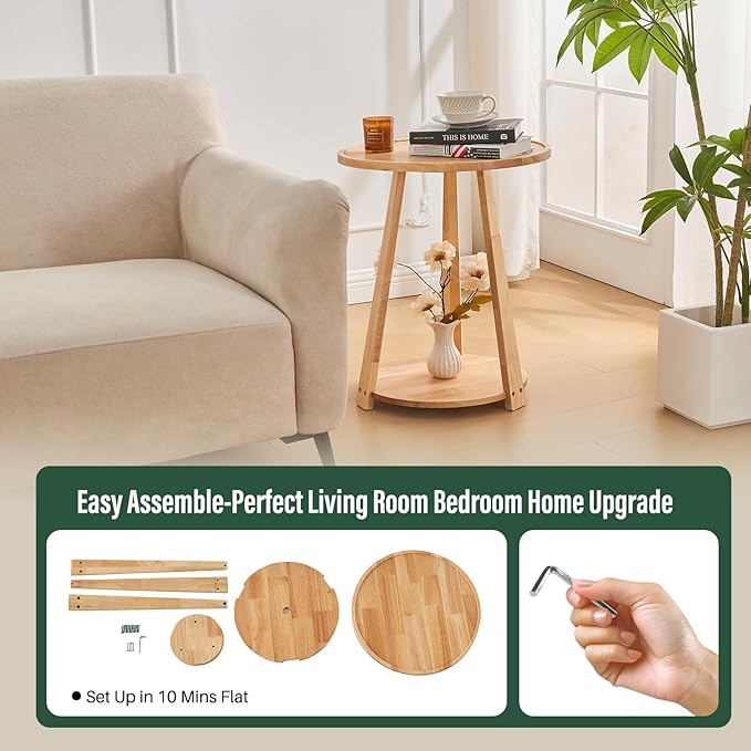 Round Solid Wood Side Table - Small Round Wooden End Table, Modern Living Room Side Beside Tables with Shelf for Couch Sofa Armchair Office Bedroom, Natural, 19.6 in x 19.6 in x 23.6 in