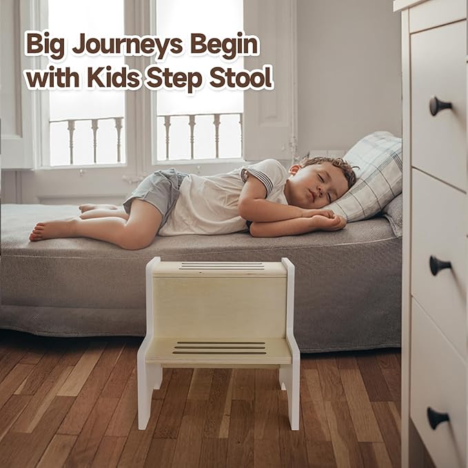 WOOD CITY Kids Step Stool for Toddler, Wooden White-Natural Patchwork Two Step Children's Stool with Handles, Bonus Non-Slip Pads for Safety, Bathroom Potty Stool & Kitchen Step Stools Dual Height