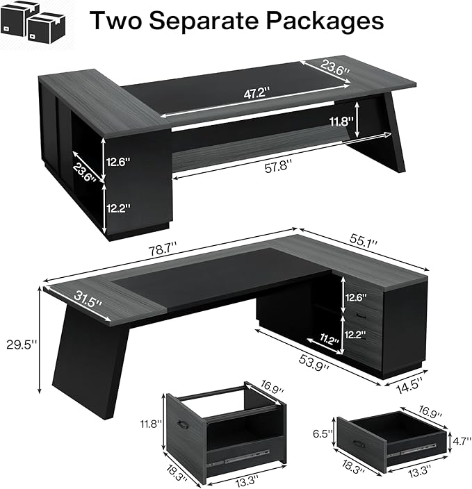 Tribesigns 78" L-Shaped Executive Desk, Large Modern Office Desk with Drawers and Lateral File Cabinet, Business Furniture with Storage Shelves, Big Computer Desk for Home Office (Grey + Blcak)