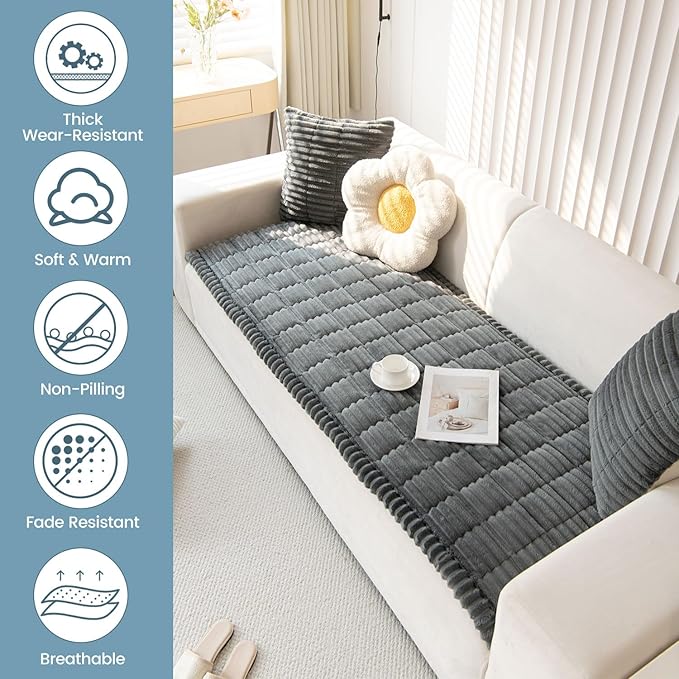 OTOB Couch Covers for Dogs Washable, Non Slip Plush Sofa Cover Kids Pet Friendly Furniture Protector, All Seasons Soft Cozy Fuzzy Sofa Slipcovers Dog Bed Mats (Dark Gray, 31.5" x 63.0'')