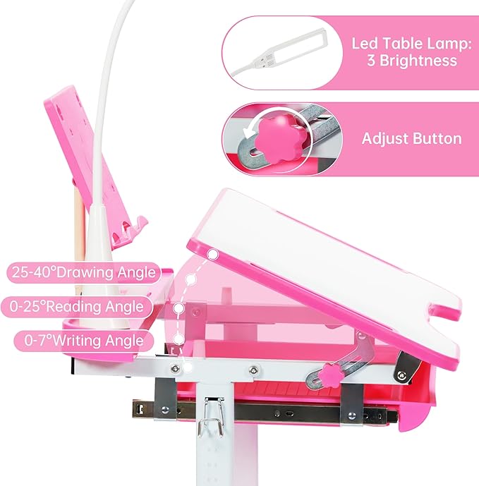 Real Relax Kids Desk and Chair Set, Children's Multifunctional School Tables with Tilt Desktop, LED Light, Metal Hook Pink