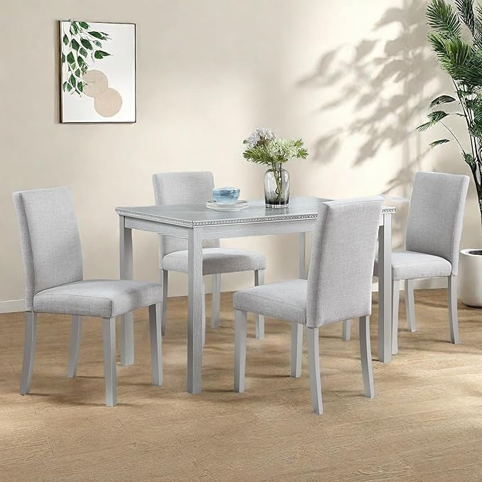 Dining Table Set for 4, 5-Piece Kitchen Table & Chairs Set with Rectangular Table & 4 Upholstered Chairs, 34.5'' Dinner Set with Crystal Decorations & Wood Grain Design, Silver Grey
