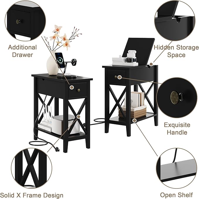 ChooChoo End Table Set of 2 with Charging Station, Narrow End Table with USB Ports and Outlets, Small Side Table Nightstand with Drawer for Living Room, Bedroom, Black