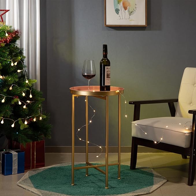 HollyHOME Small Round Metal End Table, Accent Indoor&Outdoor Coffee Side Table, Snack Sofa Table for Living Room, Anti-Rust Decorative Plant Stand, (D) 14.5" x(H) 25", Gold&Pink