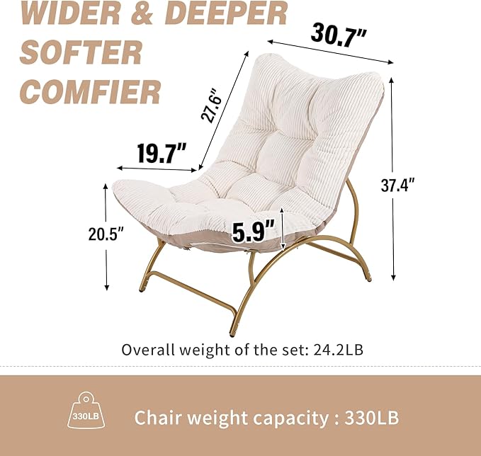 Welnow Accent Lounge Lazy Chair, Comfy Soft Leisure Metal Frame Reading Chair, Upholstered Thick Cushion Seated Recliner Sofa for Living Room, Bedroom, Dorm, Beige