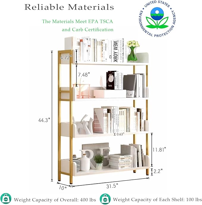 Wide Open Shelf Bookcase - Modern 4-Tier Floor Standing Display Bookshelf with Three-Side Baffles for Home and Office, Storage Shelving in Warm White with Gold Frame