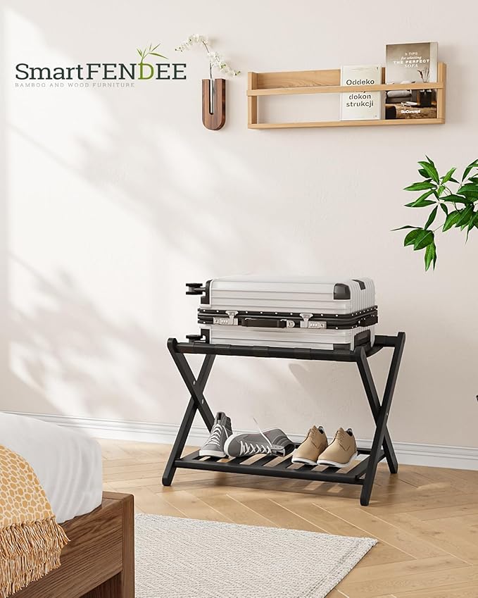Fully Assembled Black Luggage Rack, Suitcase Stand with Shoe Shelf, Folding Wooden Luggage Stand for Guest Room, Bedroom, Hotel
