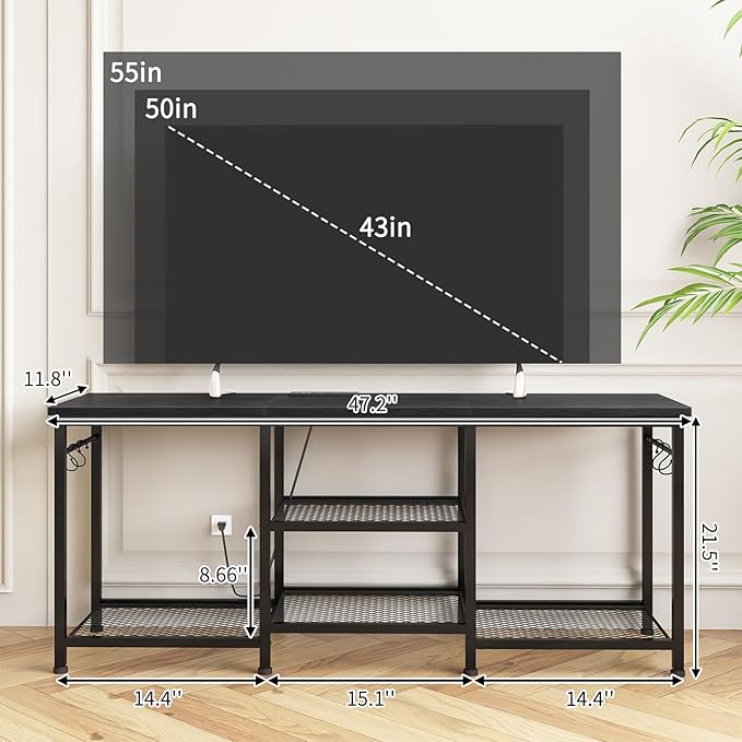 YGEOMER Entertainment Center for 55 inch TVs, TV Stand with Power Outlet and Open Storage Shelves, TV Media Console Table for Living Room and Bedroom,Black