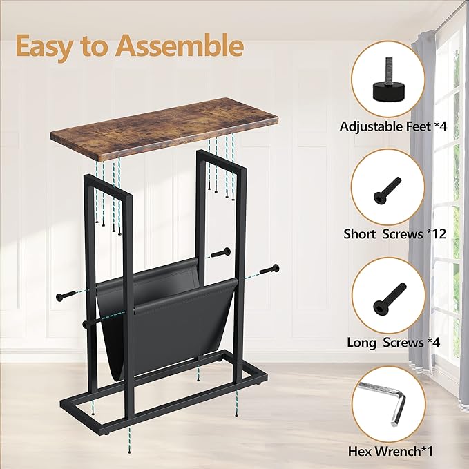 Yusong Small Narrow Side Table for Small Spaces, 17.7" W Slim End Table Magazine Table Nightstand with Storage Holder, Accent Skinny Snack Couch Bedside Table, Rustic Brown, Complete Iron Pipes