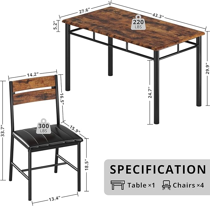 IRONCK Dining Table Set for 4, Wood Kitchen Table with Upholstered Chairs for Kitchen Room and Small Spaces, Rustic Brown