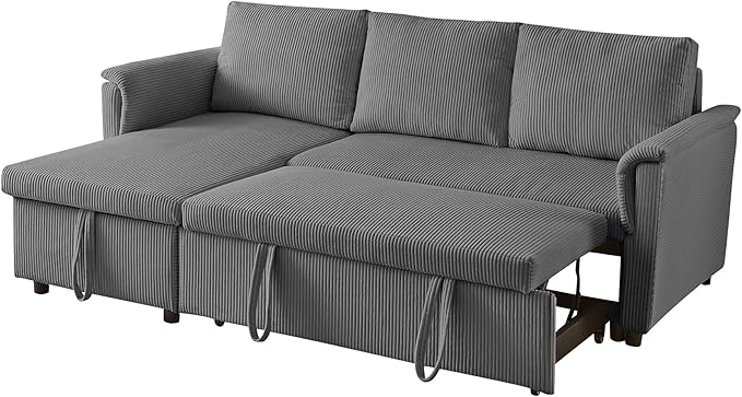 Ball & Cast Reversible Sectional Sofa Couch,L-Shape Sleeper Sofa Bed with Storage Chaise Pull Out Couch for Living Room | Hidden Storage | Pull Out Bed | Removable Backrest | Corduroy Fabric,Gray