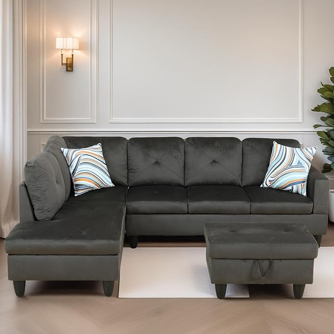 L Shaped Sectional Couch Sofa, Modern Couches for Living Room, Comfy 4 Seat Modular Sectional Sofa with Ottoman Storage for Bedroom Apartment, Coffee