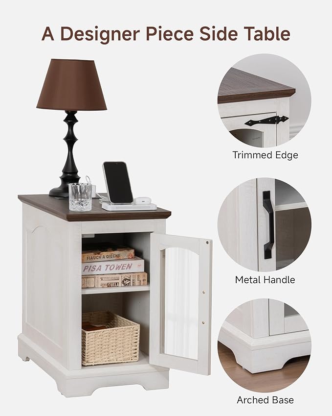Narrow Side Table with Charging Station,13.8" W End Table with Storage for Sofa Couch or Bed Side with Outlets & USB Ports, Farmhouse Nightstand for Bedroom Livingroom (Glass,White & Walnut)