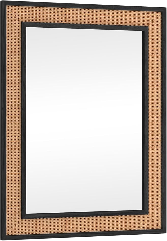 Rattan Wall Mirror with Wooden Framed 24 X 32 inch Farmhouse Rectangle Wood Mirror for Modern Decorative Bathroom, Living Room, Entryway, Bedroom (Black)
