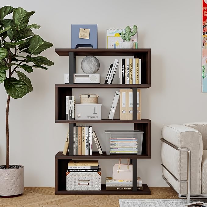 SORCEDAS Bookshelf Geometric Bookcase S Shaped Industrial Bookshelf Storage Display Stand Shelf for Living Room Bedroom and Office Room (Black, 4 Tier)