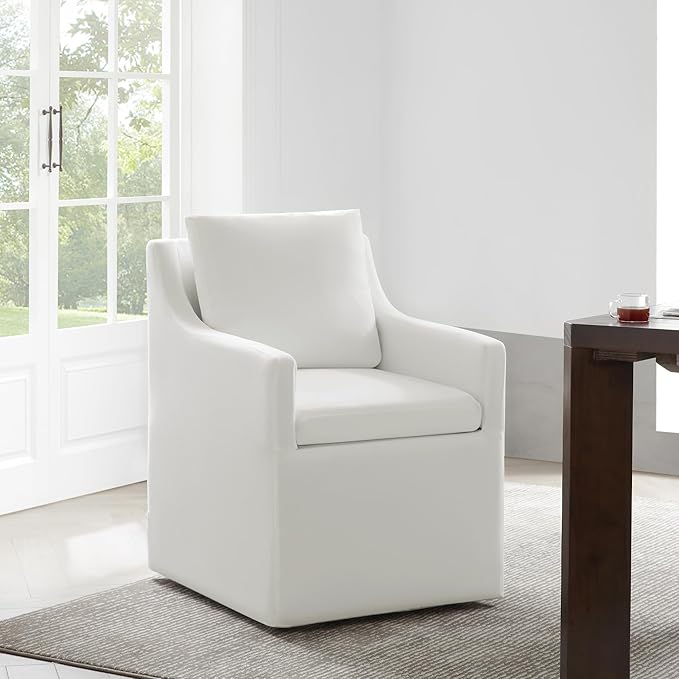Upholstered Dining Chairs with Casters Washable Cover Side Deskchair with Rollers for Diningroom, Living Room, Cream, 1 Box