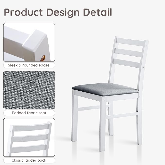 Livinia Seattle Modern Farmhouse Kitchen Dining Room Chair Set of 2, Solid Wood Fabric Upholstered Cushion Seat Wood Ladder Back Chairs (White)