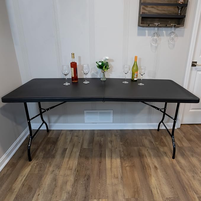 Everyday Home Folding Table - Lightweight Portable Folding Desk - 6-Foot-Long Plastic Table for Camping, Playing Cards, Parties, and Dining (Black)