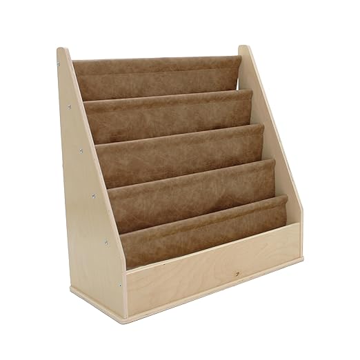 Factory Direct Partners Rustic Kid Birch Sling Book Display; Distressed Faux Leather 4-Shelf Storage for Books or Magazines; Furniture for Bedroom, Playroom, Daycare or Classroom - Pecan, 13745-321