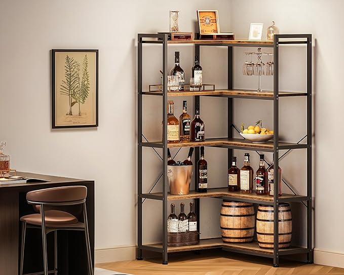 Casaottima Corner Bookshelf 5 Tier, 57 Inches Reversible Book Shelf for Living Room, Industrial Wooden Bookcase with Open Shelves and Metal Frame for Bedroom, Home Office, Kitchen, Rustic Brown