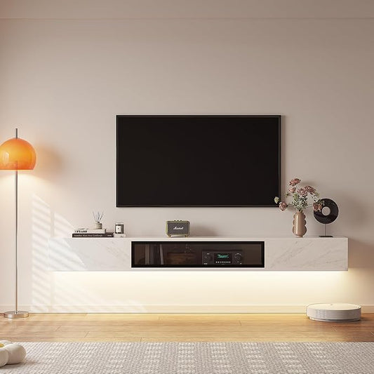 High Gloss Floating TV Stand,94'' Wall Mounted TV Console,Under TV Floating Shelf,Floating TV Cabinet with 3 Doors for Bedroom Living Room,White
