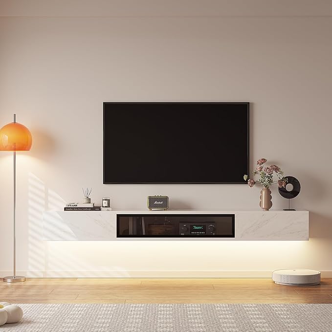 High Gloss Floating TV Stand,47'' Wall Mounted TV Console,Under TV Floating Shelf,Floating TV Cabinet with 3 Doors for Bedroom Living Room,White