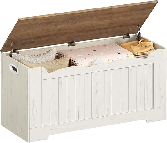 39.4" Storage Chest, Storage Bench Trunk with 2 Safety Hinge, Wooden Box, Lift-Top Chest Organizer, Shoe Bench for Entryway, Bedroom, Living Room, White and Brown SB01014B