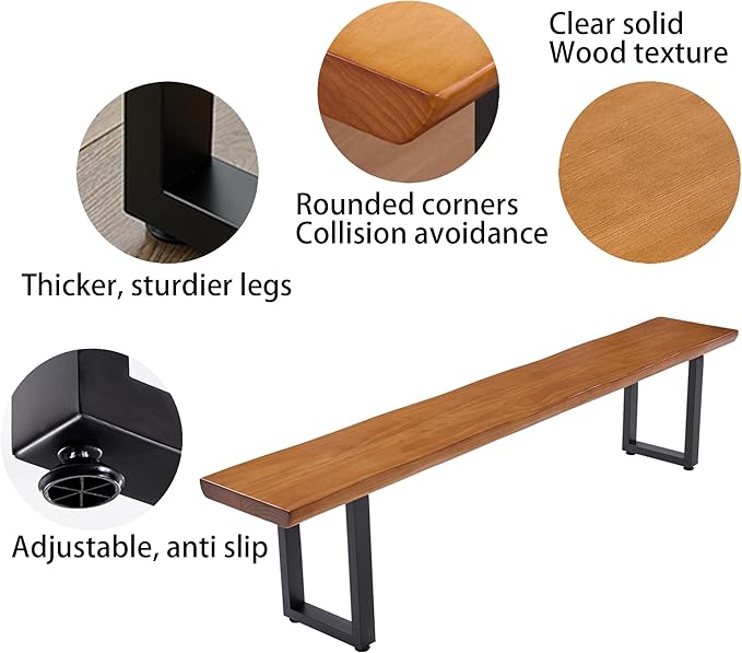 Durable Solid Wood Top Bench with Sturdy Metal Legs – Versatile Dining & Office Seating - Multi-Size Options Ideal for Living Room, Dining Room, and Home Office(Dark yellowbench, 55.12in)