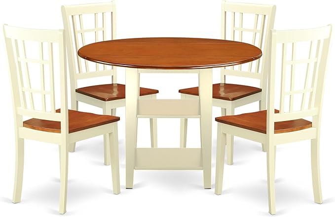 East West Furniture SUNI5-BMK-W 5 Piece Modern Dining Table Set Includes a Round Wooden Table with Dropleaf & Shelves and 4 Dining Room Chairs, 42x42 Inch, Buttermilk & Cherry