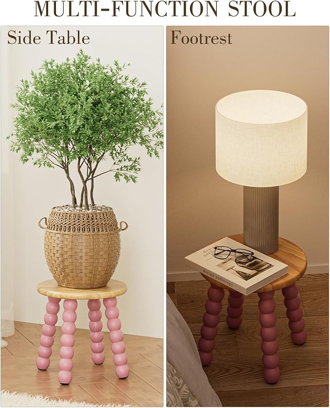Masupu Solid Wooden Step Stool for Adults Kids, 11 inch Small Foot Stool, Non-Slip One Step Stool, Sturdy Foot Stool for Bathroom, Bedroom, Kichen, Plant Stand(Natural and Pink)