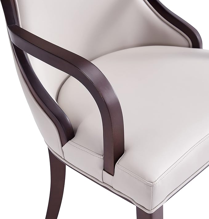Manhattan Comfort Grand Faux Leather Dining Chairs with Arms, Padded Wingback Seat, Fine Rectangular Stitching and Solid Wood Frame, Set of 2, Light Grey