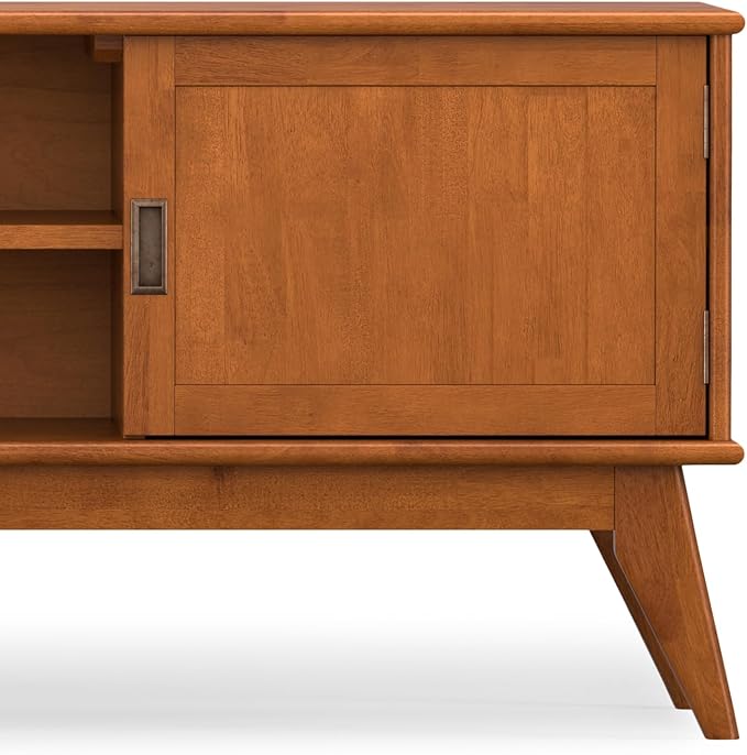 SIMPLIHOME Draper Solid Hardwood 72 inch Wide Mid Century Modern TV Media Stand in Teak Brown for TVs up to 80 inches for The Living Room and Entertainment Center