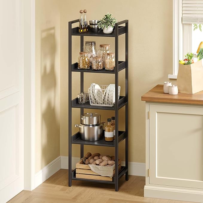 Rolanstar Bookshelf, 5-Tier Storage Rack, Narrow Corner Bookshelf, Display Wooden Shelves for Living Room, Bathroom, Balcony, Kitchen,Black