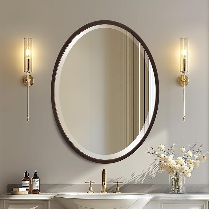 OVALCREST - Oval Wooden Beveled Wall Mirror for Home Decor, Bathroom, Vanity, Bedroom, Living Room, Hallway - London Style (Rubbed Bronze) 19.1 x 25.1