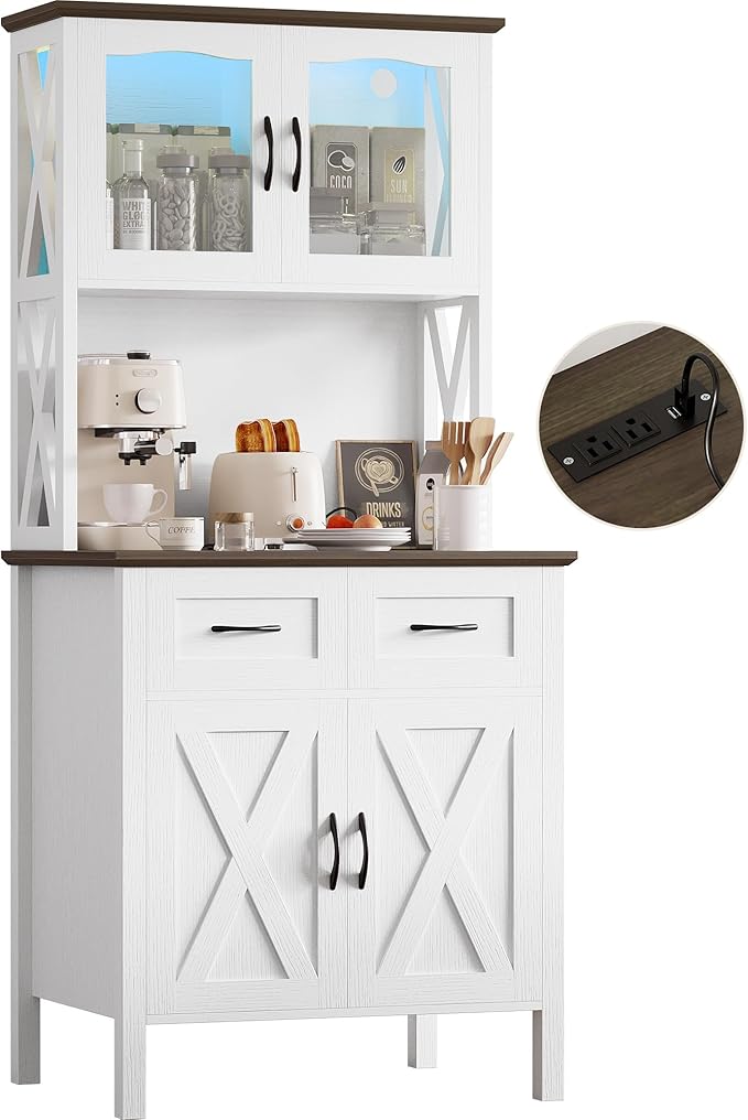 IRONCK 71" Pantry Cabinet with LED Lights and Charging Station, Tall Kitchen Storage Cabinet with Microwave Stand, Farmhouse Kitchen Hutch for Dining Room, White