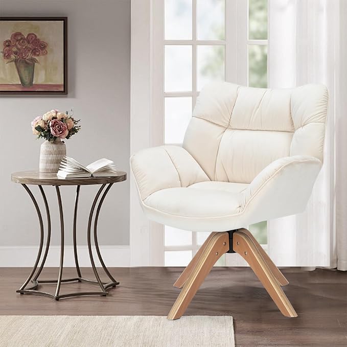 Mid Century Accent Chair, Fabric Desk Chair, Modern Cozy Vanity Chair no Wheelwith Wood Legs, Upholstered Single Boucle Armchair for Living Room Bedroom Office Guest Room Dining Room (Beige)