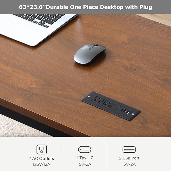 Large Computer Desk - 63 Inch Home Office Desks Study Student Writing Table Gaming Desk Wood Modern Simple Table with USB Ports, L.Brown