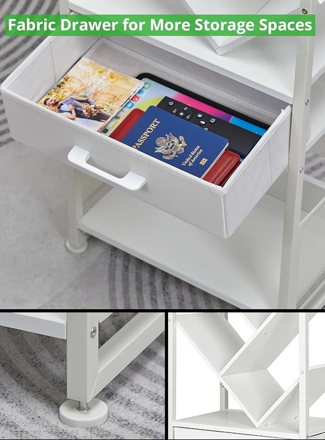 Bookshelf with Drawer,8 Tier Tree Bookcase Retro Floor Standing Bookshelves,Tall Wood Bookcases with Cabinet Storage Organizer for Living Room, Bedroom & Home Office, White
