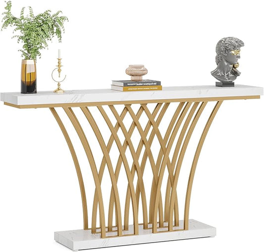 LITTLE TREE Narrow Entryway Console Table,Faux Marble White+Gold